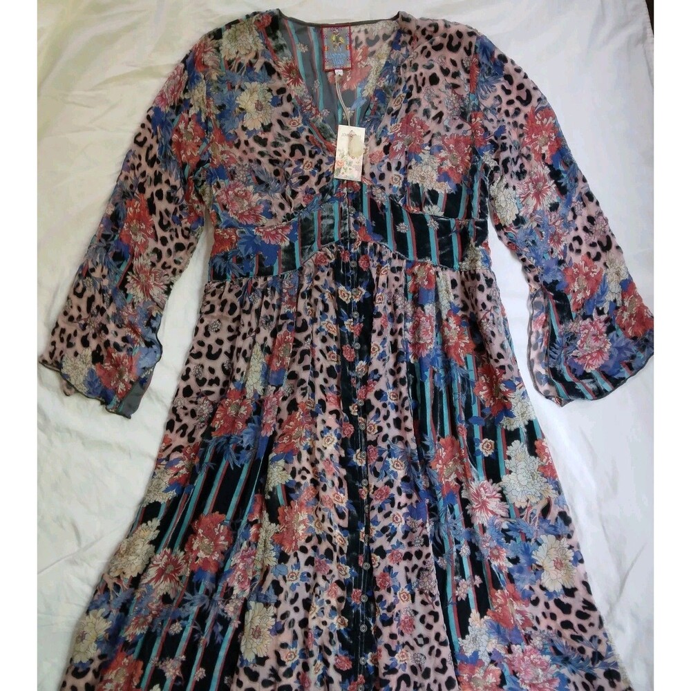 $575 NWT JOHNNY WAS Multicolored Ontar Beesley Dress Burnout Floral Leopard L - Picture 4 of 16
